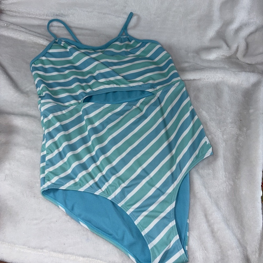 Hurley Large 14/16 One Piece Open Mid Drift swimsuit girls Turquoise Waves‎ EUC
